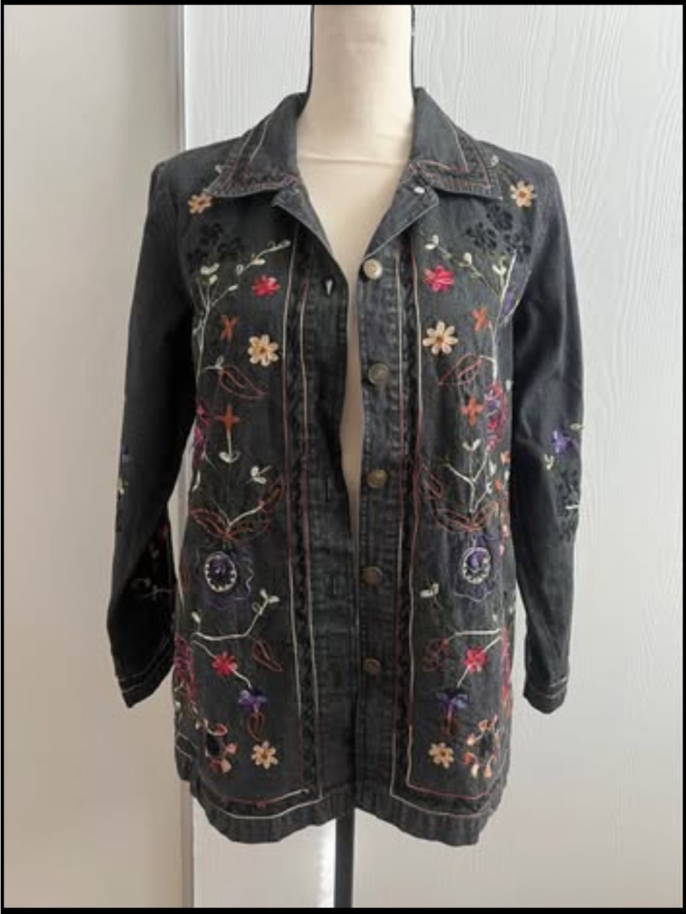 Denim&Co Black Embroidered Floral Longline Jean Jacket Coat